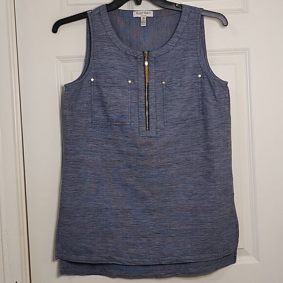 Ellen Tracy Gold Tasseled Half Zip Sleeveless Linen Blend Blouse Top Size Small - Picture 1 of 10